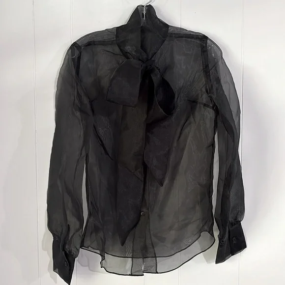 anthropologie sheer Black Back Bow at neck, self tie, Blouse NWOT By Ellender - Picture 2 of 16